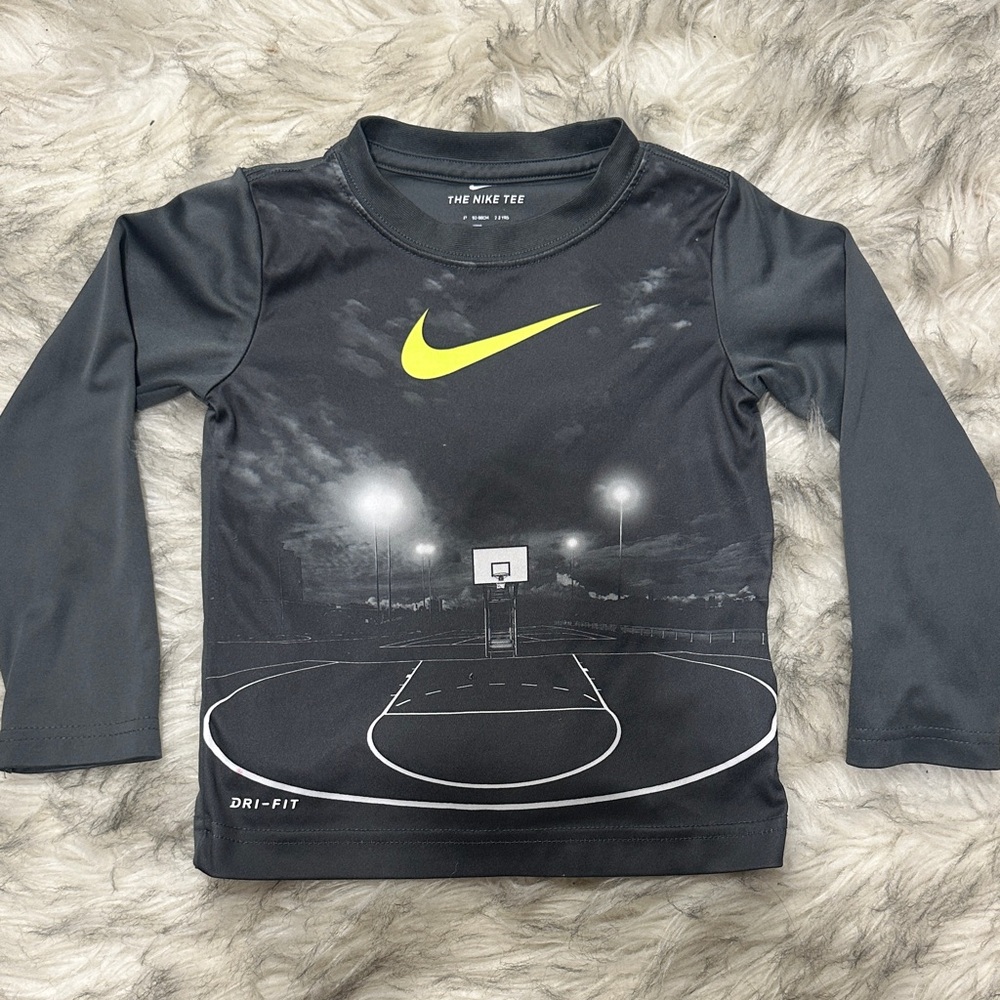 Nike Dark Grey Long Sleeve Dri-FIT Tee with Neon Yellow Swoosh Toddler Boys 2-3T